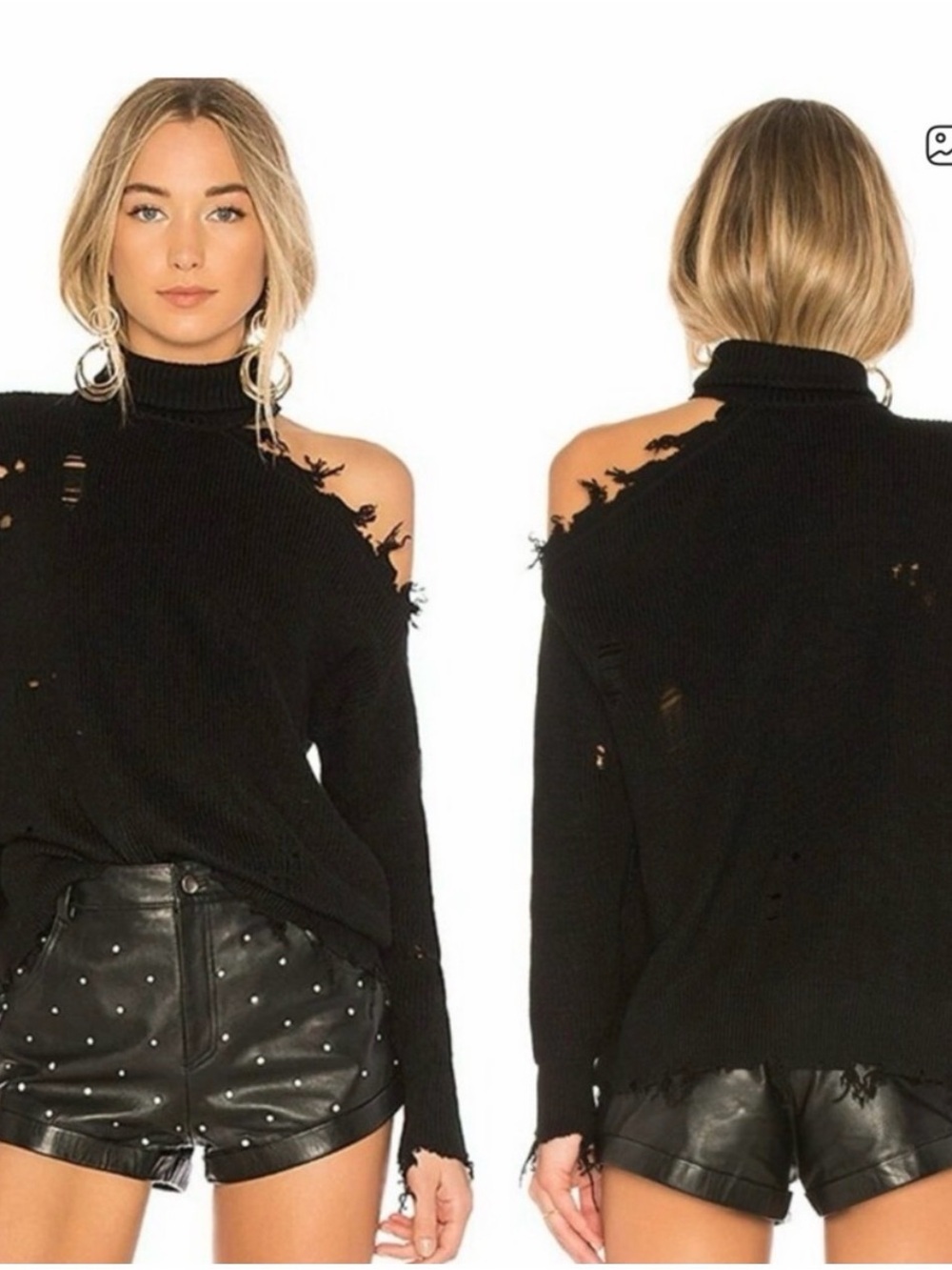 Lovers + Friends Black Distressed Cold-Shoulder Turtleneck Sweater